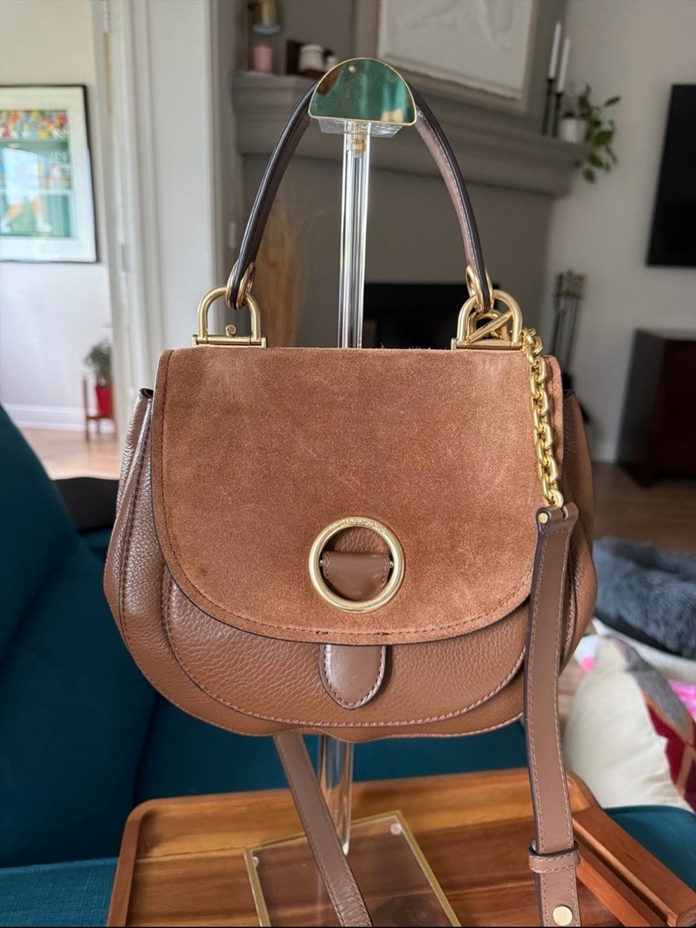 Michael Kors Isidore Caramel Suede & Leather Crossbody Bag with Gold Hardware